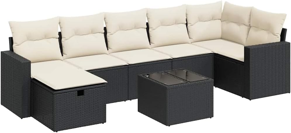 Patio Furniture,Garden Sofa Set Black PE Rattan Large Adjustable Feet