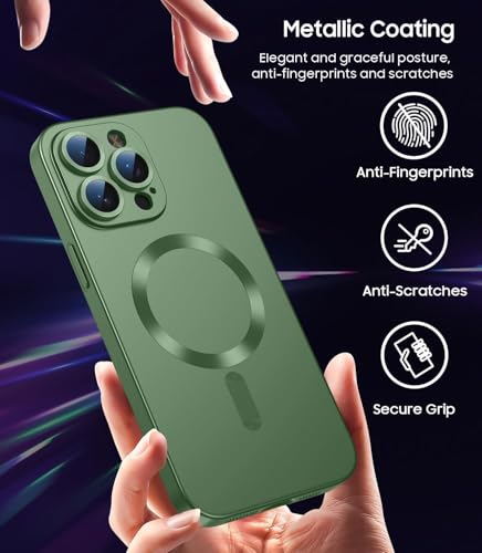 Image of DIZORO Magnetic Case for iPhone 14 Pro Max Cover [Compatible with MagSafe][Built-in Camera Lens Protector] Slim Soft Silicone Bumper Shockproof Metallic Luster Back Cover Phone Cases (Pine Green)