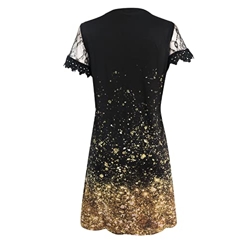 Women Lace Dresses,Summer Elegant Ombre Mini Dress Petal Short Sleeve Loose Semi Formal Casual Dress For Work Office,Ladies Cut Out Scalloped V-Neck Dress Cozy Flowy Dress(C-Gold,Large) #TOP3