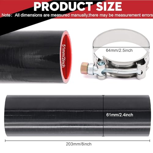 Image of 2 inch ID (51mm) Straight Silicone Hose Coupler 8 inch Long, 4-Ply Reinforced 5mm Thick, Straight Turbo Intake Pipe with 2x Stainless Steel T-Bolt Clamps - for Intercooler, Charge Pipe, Cold Air Intake