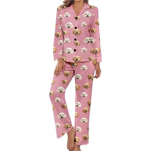 MAIWELL Personalized Pajamas For Women Set Custom Pet Pajamas With Photo Customized Dog Cat Face Pjs Womens Long Sleeve Sleepwear Funny Pjs Gifts For Mom Girlfriend Wife Birthday Christmas