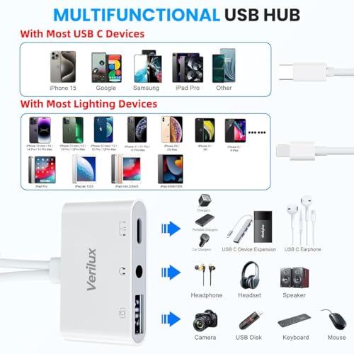 Image of Verilux 3 in 2 Lighting to Type C Audio & Charging Adapter, Type-C Connector with USB-C /Lighting to USB 3.0 /3.5mm Audio /USB-C Connector for iPhone 17 /16 /15 /Plus /Pro /Max, Galaxy S26 /S25, Flash Drive