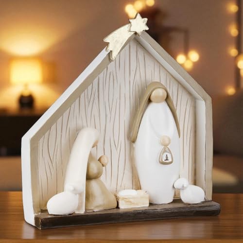 CULT at home kleine Krippe Stall – Weihnachtskrippen Set Haus 5 Figuren - Heilige Familie Krippenensemble – Deko Weihnachten Geschenk Nikolaus Advent 16,5 x 18,5 cm