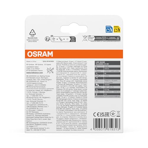 Osram LED Base Classic B/LED-lamp in Candle Shape with E14-base/not dimmable/Replacement for 40 Watt/Filementstil Clear/Warm White - 2700 Kelvin/Pack of 3, 4058075819313