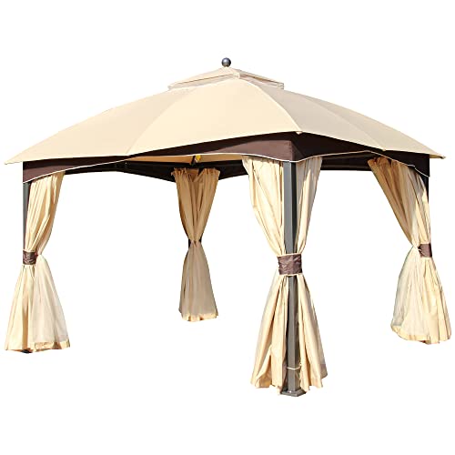 Outsunny Pavillon Gartenpavillon 3 x 4 m Gartenzelt Festzelt Partyzelt mit 4 x Seitenwände Moskitonetz atmungsaktivem Doppeldach Metall Polyester Khaki+Braun