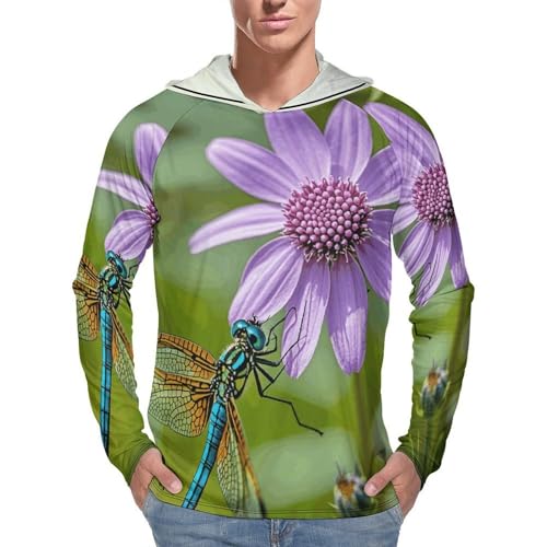 Mens UPF 50+ Sun Protection Hoodie Rash Guard Long Sleeve Sun Shirt Hiking Vintage Flower Plant Dragonfly Fishing Hoodie-