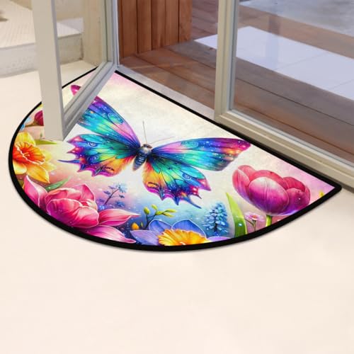 Image of cfpolar Half Round Door Mat Flower Animal Butterfly Non-Slip Semi Circle Area Rug Washable Half Moon Hearth Rugs for Indoor Outdoor Bathroom Kitchen Patio Runner Mat Laundry Room Home Decoration