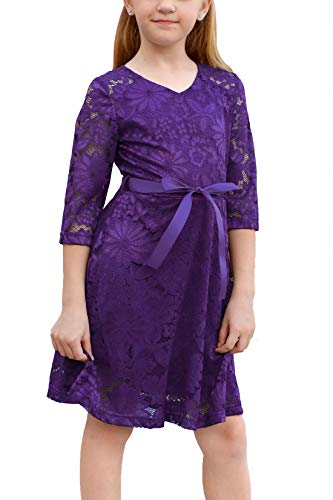 Gorlya Girl's 3/4 Sleeve V Neck Elegant Retro Floral Lace Flower Girl Party Belt Dress For 4-14T (Gor1028, 11-12Y, Purple) #TOP17