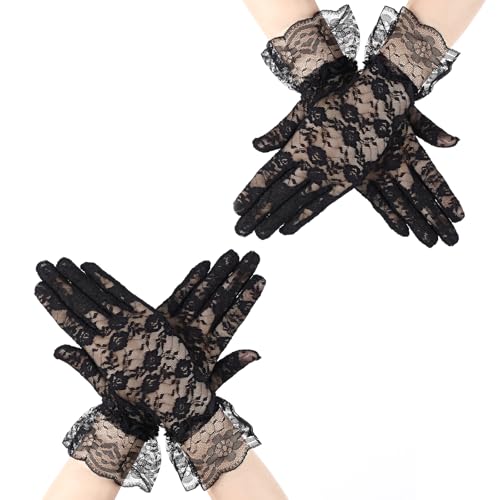 2 Pairs Black Lace Gloves for Women Tea Party Elegant Black Costume Gloves for Opera Evening Party Wedding Prom Halloween Cosplay