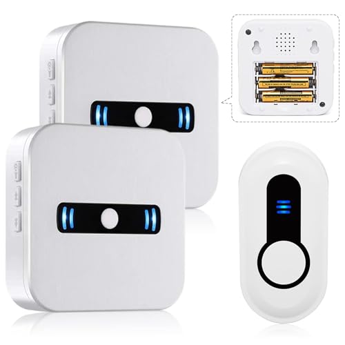 Wireless Doorbell, HUWOO Battery Operated Door Bell Chime 500+FT with 2 Portable Battery Powerd Receiver 1 Waterproof Push Button