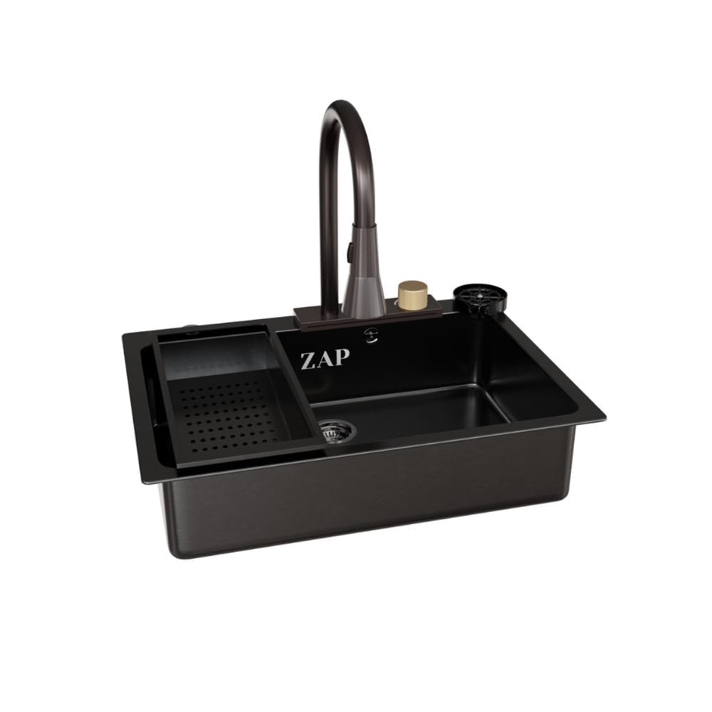 ZAP Waterfall 304 SS Kitchen Sink Set – Black 24x18 Inch | Pull-Out Faucet, Chopping Board, Glass Rinser, Soap Dispenser & Strainer | Modular Farmhouse Sink with Accessories | Smart Sink Design
