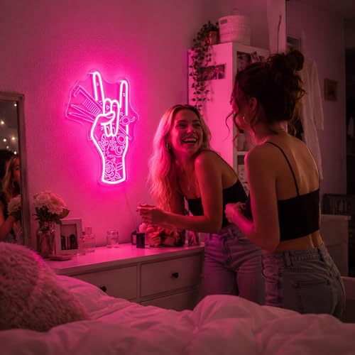 Image of Pink Neon Sign Led Neon Lights Signs for Wall Decor USB Powered Led Signs for Room Decoration-Scissor Hand