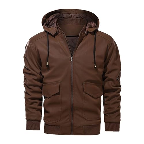 JEKE-DG Men's Thicken Hooded Windbreaker Coat Faux PU Casual Trucker Coat Jacket Warm Zip Up Fashion Outdoor Coats3