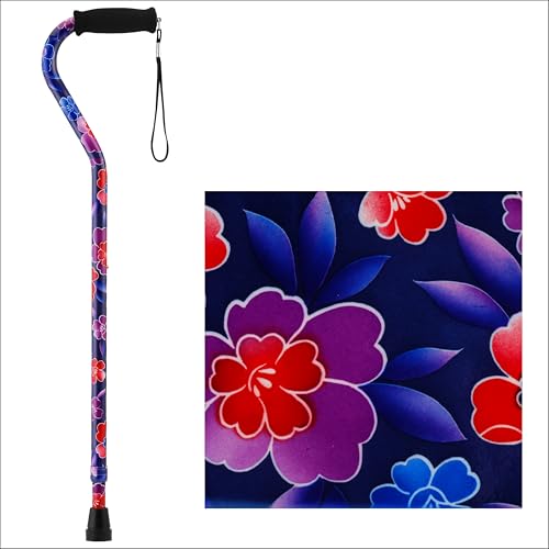 Nova Joy Designer Offset Walking Cane for Seniors - Unisex Adjustable Lightweight Aid with Foam Handle, Wrist Strap and Anti-Rattle Lock - Essential Mobility Support - Maui Flowers