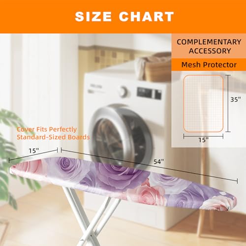 Image of Ironing Board Cover 15x54 Inch- Standard Cotton Cover with Strong Elastic Edge & Stain Resistant Surface (Rose Floral, 15 inch x 54 inch)