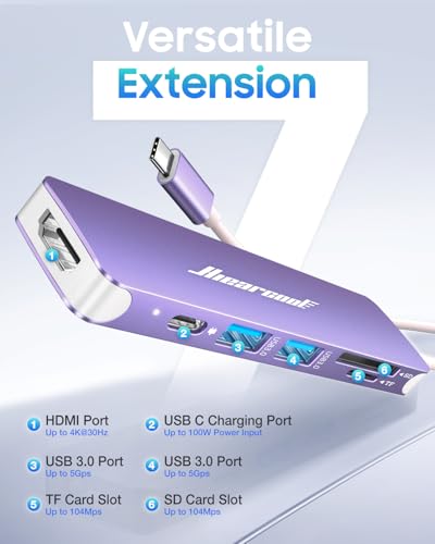 Image of Hiearcool USB C Hub, 7-in-1 Multi-Port Adapter, USB-C to 4K HDMI Splitter Type C Dock Dongle with 100W Power Delivery SD /TF Card Reader Compatible for MacBook Pro /Air and More Type USBC Devices