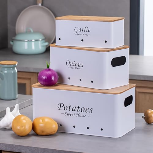 Kitchen Vegetable Storage Tins Set Of 3, Potato Onion Garlic Canisters