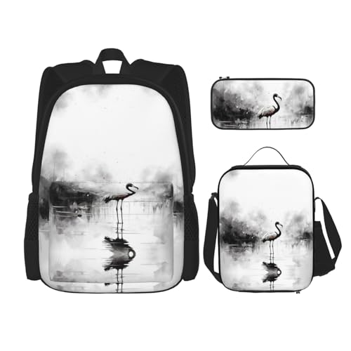 nanger Ink Flamingos Print 3-Piece Set Backpack, Lunch Bag And Pencil Case, For Travel, College, And Daily Use