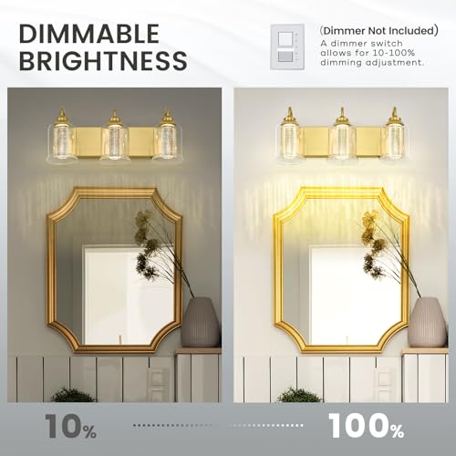 Image of zeyu 21 Inch 3 Light Bathroom Wall Light Fixtures, 18W Crystal LED Bathroom Light with 5 Color Modes, Brushed Gold Finish with Crystal Bubble and Clear Glass, ZSL72B-3W LED BG
