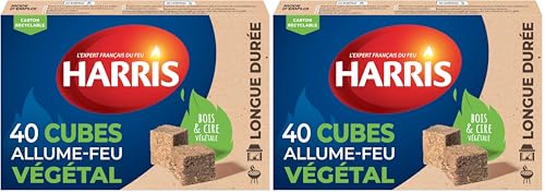 HARRIS – 40 Cubes Allume-feu 100% végétal à Base de Bois compressé et Cire végétale – Naturel et Longue durée – Allumage Rapide et Efficace sans...