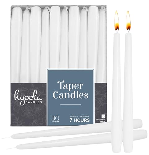 Hyoola Tall Taper Candles - Tapered Candles - White Dripless Candle Sticks - 8 Inch (20cm) - 7 Hour Burn Time (30-Pack)