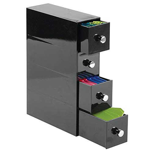 iDesign Drawers Drawer Organiser, Plastic Stationery Sorter with 4 Drawers, Drawer Tidy for Office, Black