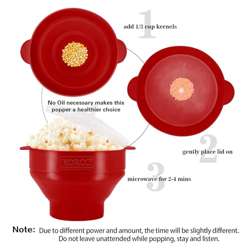 Image of The Original Korcci Microwaveable Silicone Popcorn Popper, Microwave Popcorn Popper, Collapsible Microwave Popcorn Maker Bowl, No Oil Needed, Use In Microwave, Dishwasher Safe (Cherry)