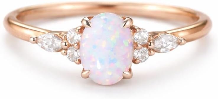 14K Rose Gold Oval Cut Opal Engagement Ring for Women Vintage Cluster Prong Setting Handmade Promise Unique Wedding Jewelry Gift for Her
