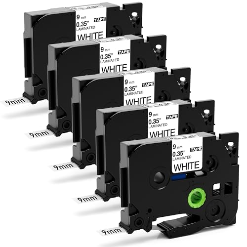 5 x Aken Compatible TZe-221 Ruban Cassette pour Brother 9mm TZe-221 TZe221 TZe 9mm 0.35 Noir sur Blanc Cartouche, Laminé Recharge pour Brother Ptouch H100R...