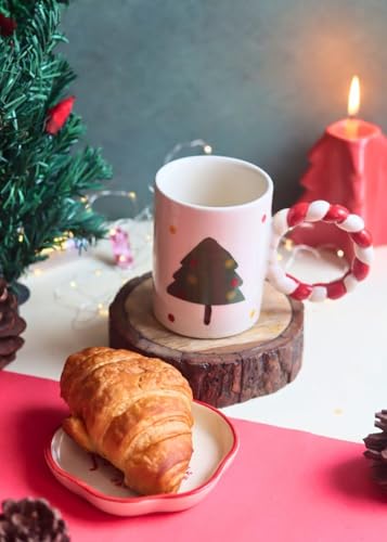 Image of WEAVING HOMES Handcrafted Ceramic Red Christmas Tree Mug & Jingle Dessert Plate Gift to Best Friend and Love Microwave Safe /Dishwasher Safe (Set of 2)