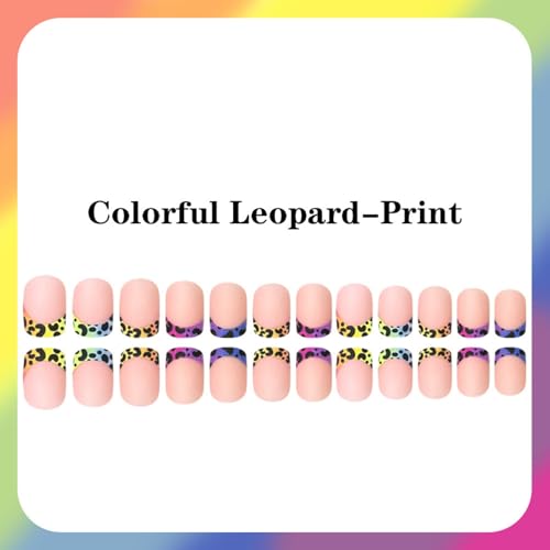 Image of Leopard Print French Tip Press on Nails Colorful Ombre Fake Nails Short Square Nail Press ons with Design Matte Full Cover Stick on Nail for Women Manicure 24Pcs