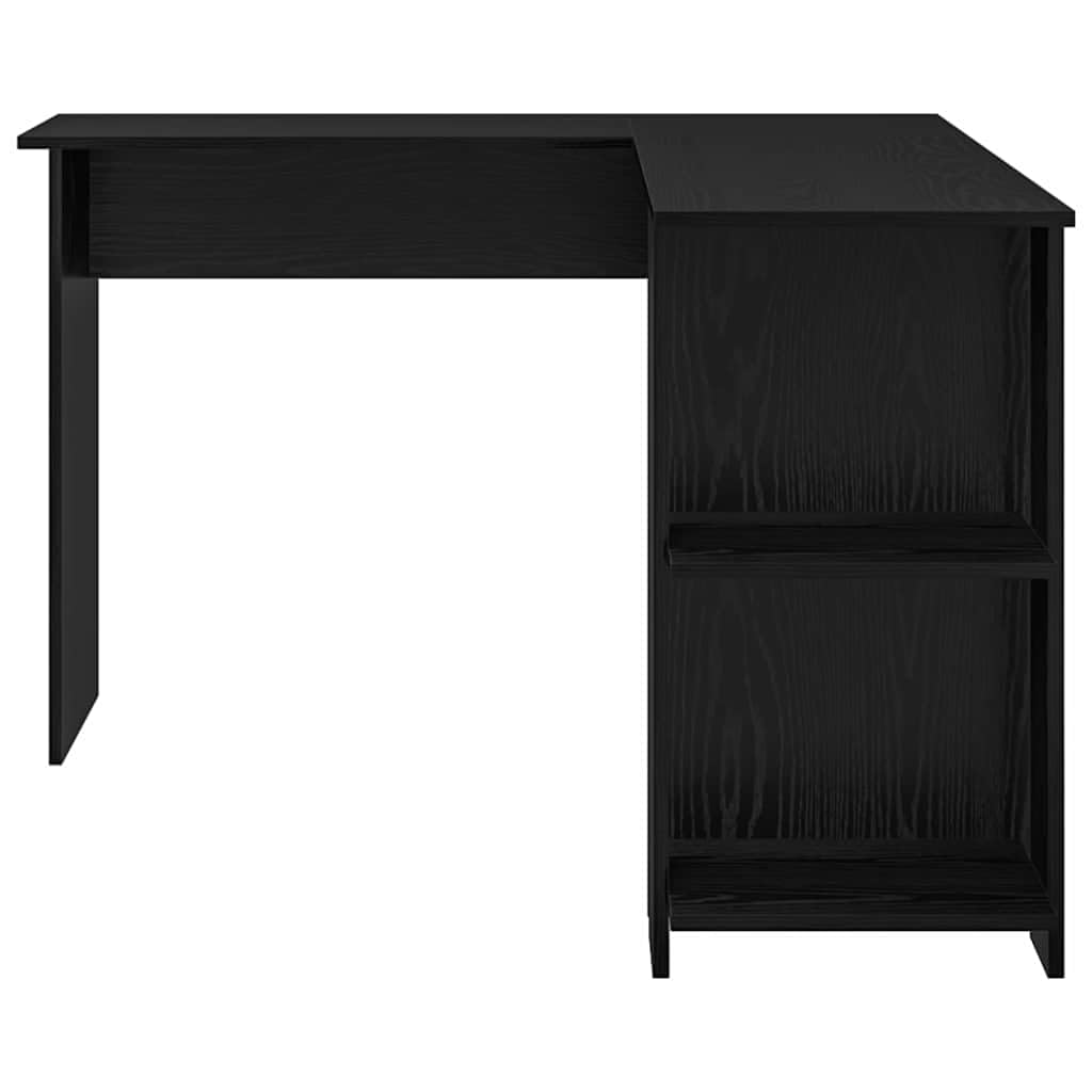 Scrivania angolare nera effetto rovere, in legno, 140 x 113,5 x 75 cm, con scaffale, moderna scrivania da ufficio per casa e studenti, tavolo da lavoro compatto per lavorare in modo efficiente