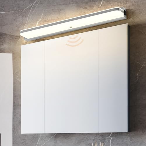 LED Spiegelleuchte Bad mit Bewegungsmelder Edelstahl Spiegellampe Badezimmer Wandleuchten Wasserdicht Modern Lange Wandlampen Schlafzimmer Wohnzimmer Treppenhaus Natürliches Licht (Silbernes,52cm)