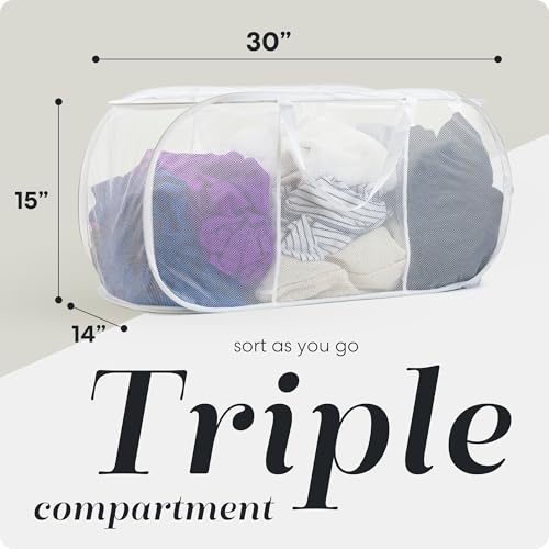 Image of Handy Laundry Collapsible Laundry Basket, 3-Compartment Mesh Laundry Sorter, Foldable Pop Up Hamper with Handles, Space-Saving Durable Organizer for Dorm, Bedroom, Travel, White