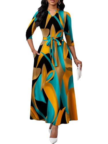 Image of BubFee Maxi Dresses for Women Semi Formal Long Dress 3 /4 Sleeve Casual A-line Church Dresses with Pockets