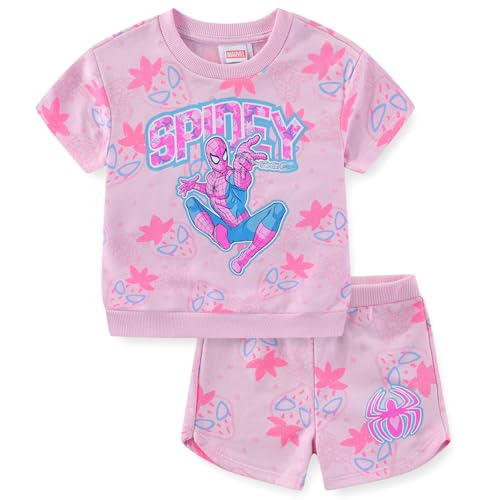 Marvel Spider-Man Girls French Terry Short Sleeve T-Shirt and Shorts Set for Big Kids