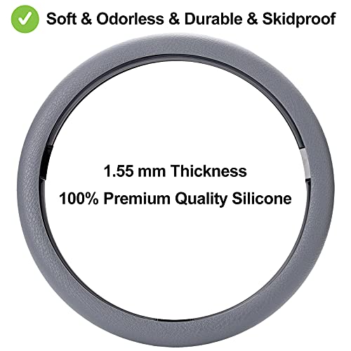 Spurtar Steering Wheel Cover 14"-15" Anti-Slip Car Steering Wheel Protector, Soft Odorless Silicone Leather Texture Steering Cover, Great Grip Cover For Steering Wheel, Grey #TOP4