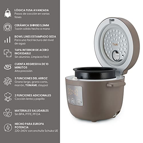 Yum Asia Tsuki Mini arrocera con cuenco de cerámica Shinsei (2,5 tazas, 0,45 litros) 5 funciones de...