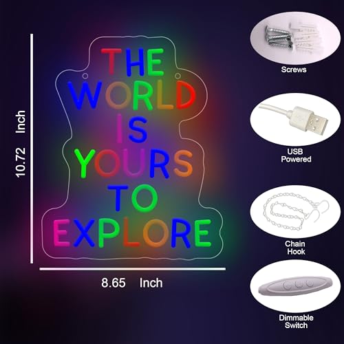 Image of The World Is Yours To Explore LED Neon Sign, Inspirational Travel Quote Neon Lights for Wall Decor, Classroom, Bedroom, Office, Study Room, Adventure, Party, Gifts for Travelers and Students