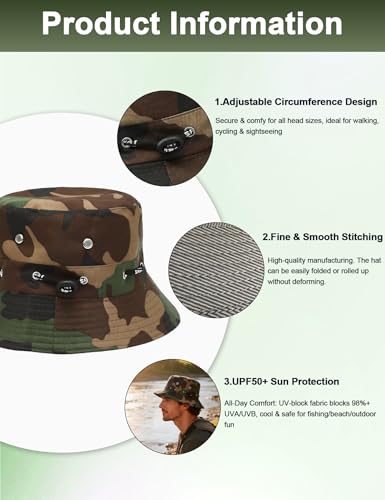 Image of Venzina Bucket Hat for Men Hat Cap for Men UPF 50+ UV Protection Packable Fisherman Sun Hat for Women Solid Reversible Camouflage Styles Beach Commute Travel Outdoor Hiking Round Cap