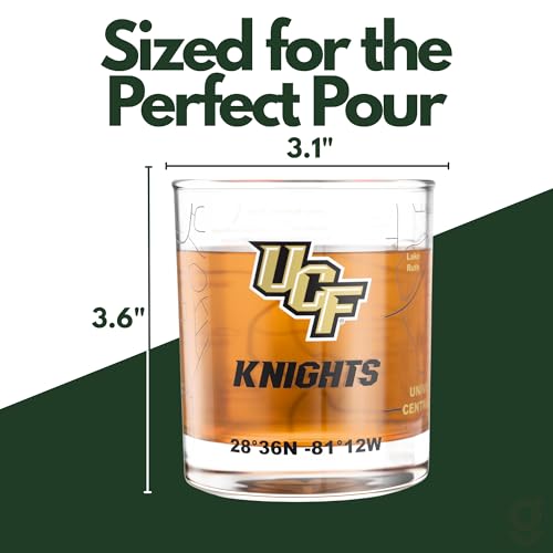 Image of Greenline Goods University of Central Florida Knights Whiskey Glasses Set of 2, 10 oz Rocks Glasses with Full-Color Logo & Campus Map - Officially Licensed Bourbon Glass Gift for Alumni & Fans