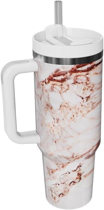 Vaso aislado al vacío de acero inoxidable de 40 onzas con tapa y popote para agua, té o café helado, licuado de frutas y más (mármol dorado, 40