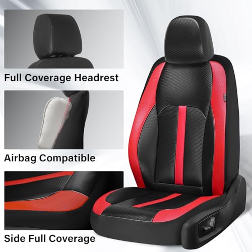 Image of Coverado Leather Car Seat Covers Full Set & Carbon Fiber, Waterproof and Durable All Weather Protector, Universal Fit for SUV, Pickup Truck, Sedan, Automotive Vehicle Interior, Black&Red