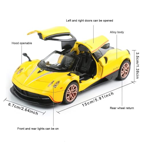 Image of 1 /32 Pagani Huarya Roadster Exclusive Alloy Metal Pull Back Die-Cast Toy Car with Openable Doors & Light Music Collectible Sound Light Toy for Kids Best Birthday Gift (Yellow)