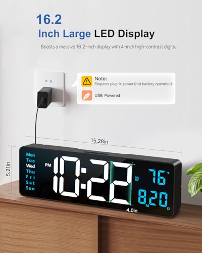Image of Digital Wall Clock, 16 inch Large Display Digital Clock with Night Light, Wall Clock with DST, Alarm, LED, Date, Week, Temp for Living Room, Bedroom, Classroom Decor, Birthday Gift for Senior Mom Dad
