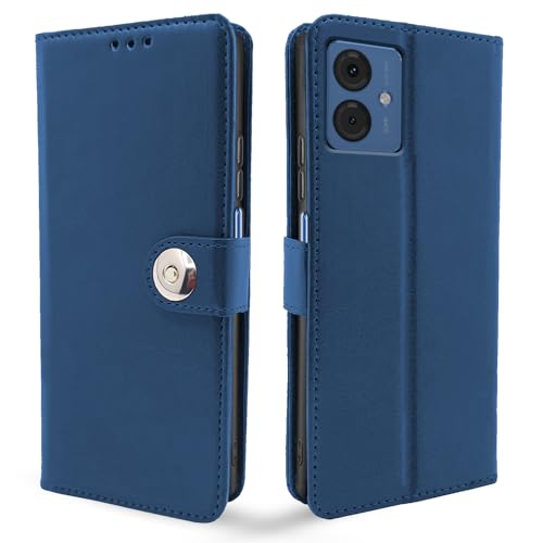 Image of Pikkme Flip Cover Leather Finish | Inside TPU with Card Pockets | Wallet Stand and Shock Proof | Complete Protection Button Flip Case for Moto G14(Blue)