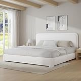 Boucle Upholstered Bed Frame King Size/Soft Rounded Corners Headboard/Low Profile Bed Frame/No Box Spring Needed/White
