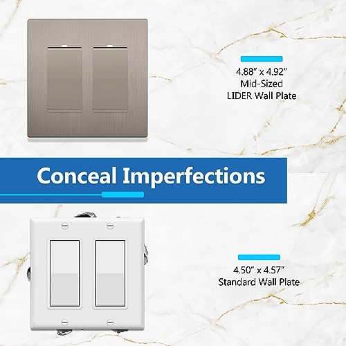 Image of LIDER Decorator Switch Cover, Screwless Wall Plate, Mid-Size 2-Gang 4.88 inch x 4.92 inch, LSWP-32M-BNK, UL Listed, Thermoplastic, Brushed Nickel, 1-Pack