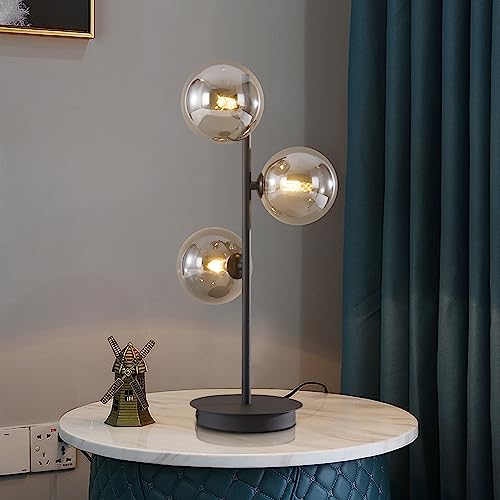 Image of Mid Century Modern Table Lamp, Black 3 Light Reading Lamp with Smoky Grey Glass Shade, Bedside Lamp for Bedroom Living Room Study Room