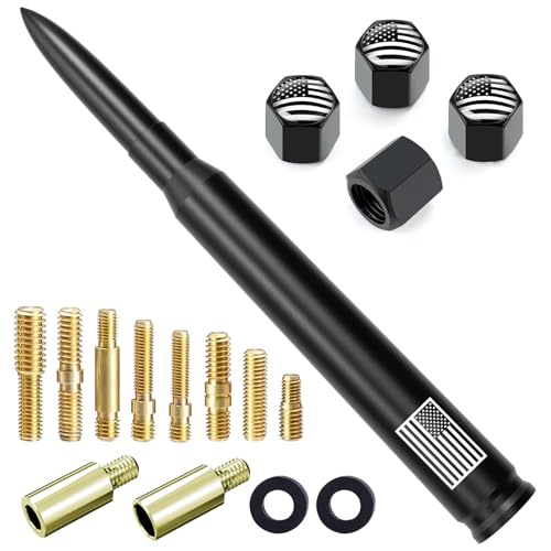 Image of Car Truck Bullet Antenna with Tire Valve Caps American Flag Universal Short Replacement for GMC Sierra Chevy Silverado Dodge Ram 1500 2500 3500 Ford F150 F250 F350 Super Duty Raptor, Matte Black, 7 inch
